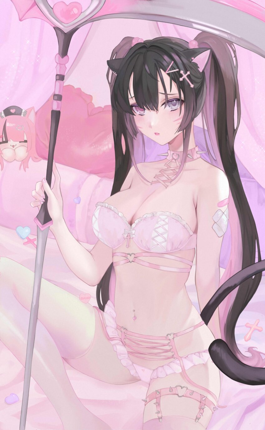 1girl, akuradere, breasts, cat_lingerie, character_doll, choker, cleavage, cute_weapon