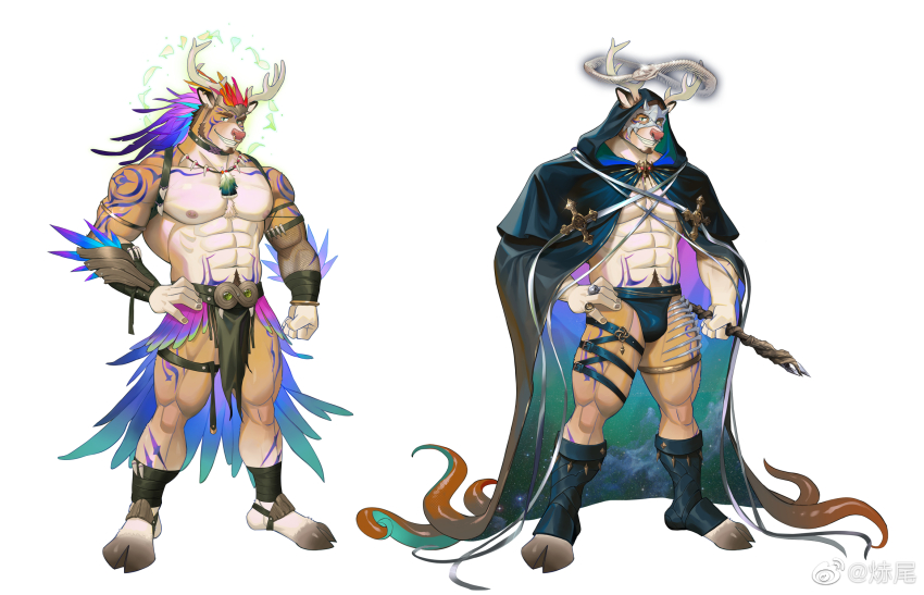 1boy, animal_ears, antlers, armlet, bara, barbell_piercing, belt, black_cloak