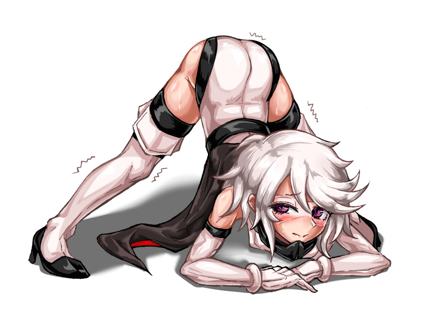 1girl, arched_back, arm_rest, ass, aygoftenover, bare_shoulders, belt, black_belt, black_cape, cape, closed_mouth, elbow_gloves, full_body, glasses, gloves, grey_footwear, grey_gloves, grey_hair, grey_leotard, hair_between_eyes, hands_on_ground, high_heels, highres, jack-o'_challenge, leotard, looking_at_viewer, meme, short_hair, shy_(character), shy_(series), simple_background, solo, spread_legs, sweat, thighhighs, top-down_bottom-up, trembling, white_background