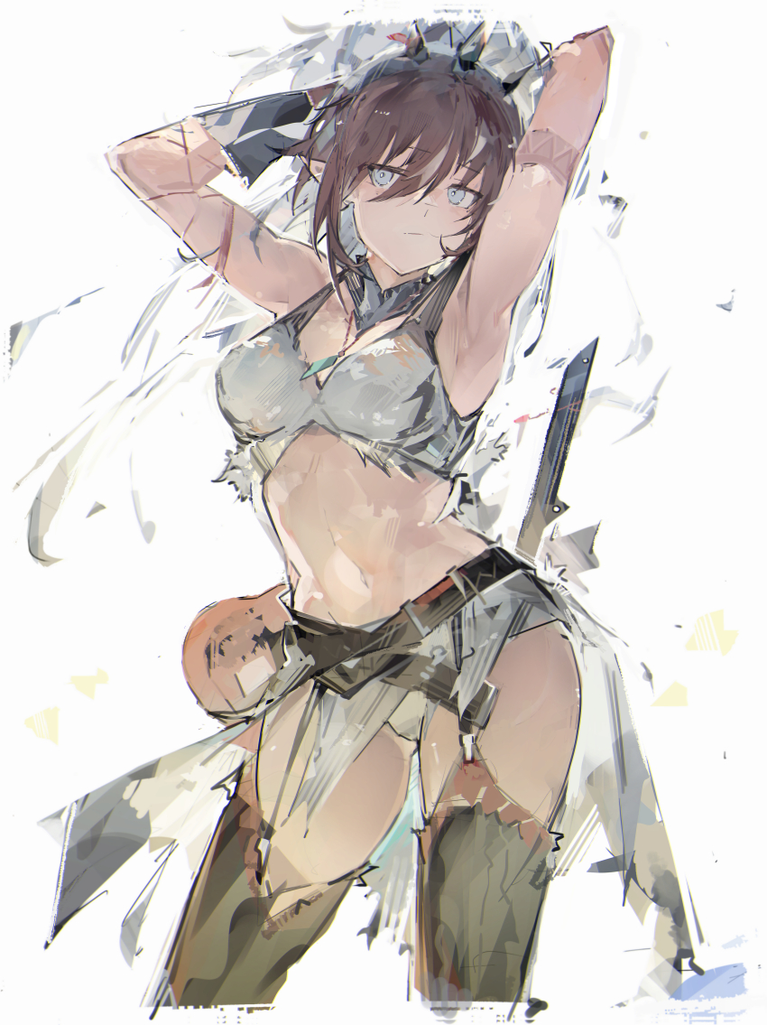 1girl, absurdres, arknights, arms_up, belt, black_belt, black_thighhighs, bra
