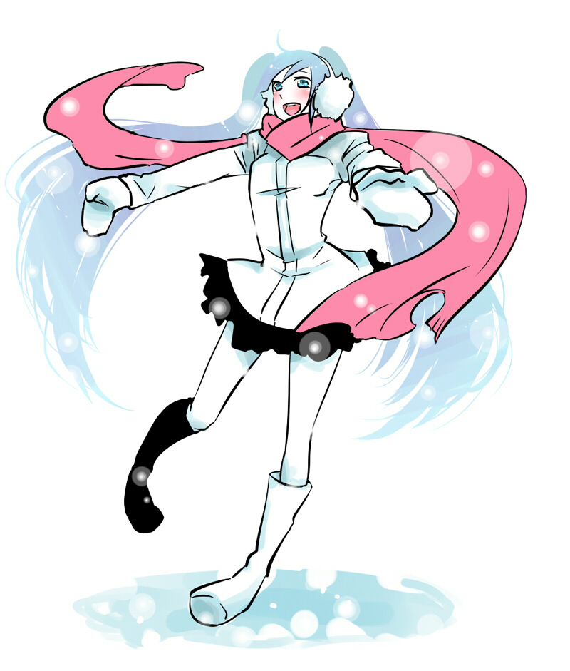 1girl, :d, asg, bad_id, bad_pixiv_id, blue_eyes, blue_hair, boots, coat, earmuffs, female_focus, hatsune_miku, long_hair, matching_hair/eyes, mittens, open_mouth, outstretched_arms, red_scarf, scarf, simple_background, smile, snow, snow_trick_(vocaloid), snowing, solo, spinning, spread_arms, very_long_hair, vocaloid, winter