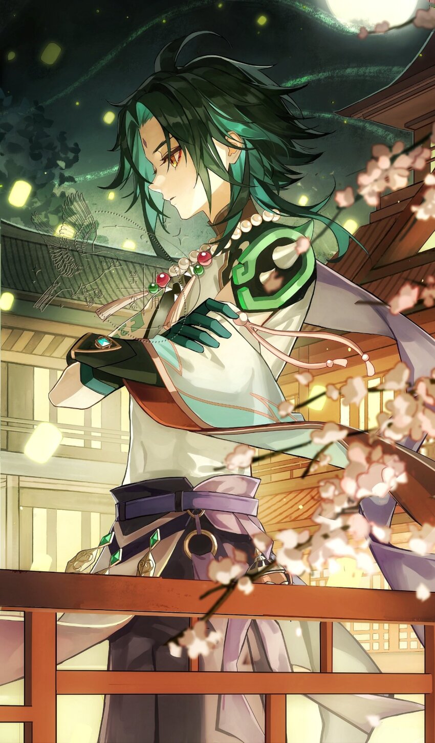 1boy, ahoge, arm_tattoo, armor, black_gloves, black_hair, black_sky, blue_gloves