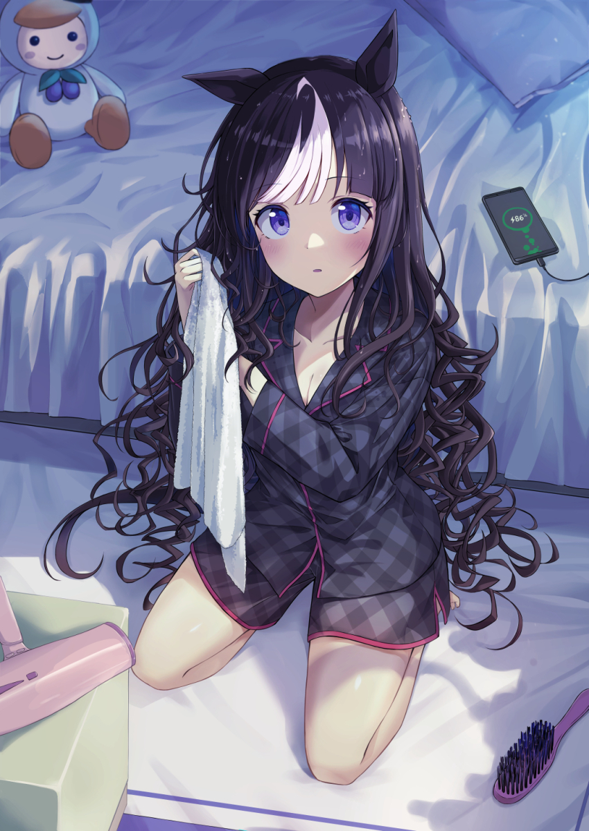 1girl, alternate_costume, alternate_hairstyle, animal_ears, bed, black_hair, blush, breasts