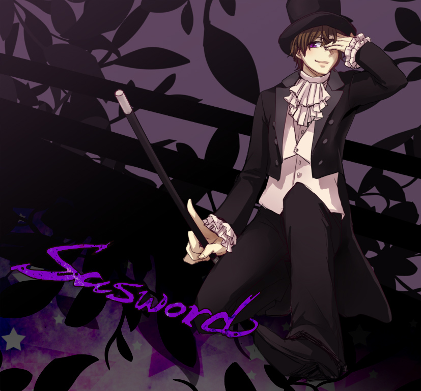 1boy, alternate_costume, black_footwear, black_hat, black_pants, brown_hair, buttons, cane