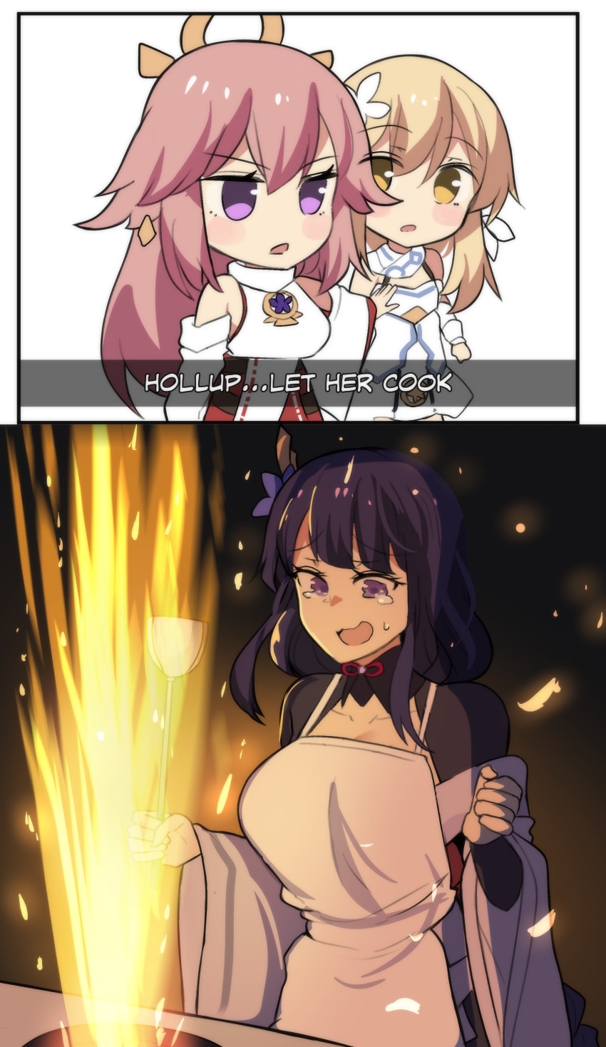 2koma, 3girls, absurdres, animal_ears, apron, black_hair, blush_stickers, chibi, chibi_inset, collarbone, comic, commentary, cooking, detached_sleeves, dialogue_box, english_commentary, english_text, fire, fox_ears, fox_girl, gameplay_mechanics, genshin_impact, hair_between_eyes, hair_ornament, highres, hinghoi, holding, holding_spatula, japanese_clothes, kitchen, let_him_cook_(meme), light_brown_hair, long_hair, long_sleeves, looking_at_another, lumine_(genshin_impact), meme, multiple_girls, nontraditional_miko, pink_hair, purple_eyes, raiden_shogun, short_hair, short_hair_with_long_locks, sidelocks, spatula, stove, sweatdrop, tearing_up, white_apron, wide_sleeves, wok, yae_miko, yellow_eyes