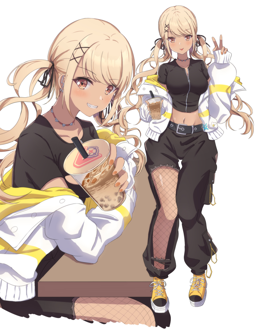 1girl, :p, black_pants, black_shirt, blush, breasts, brown_eyes, brown_hair