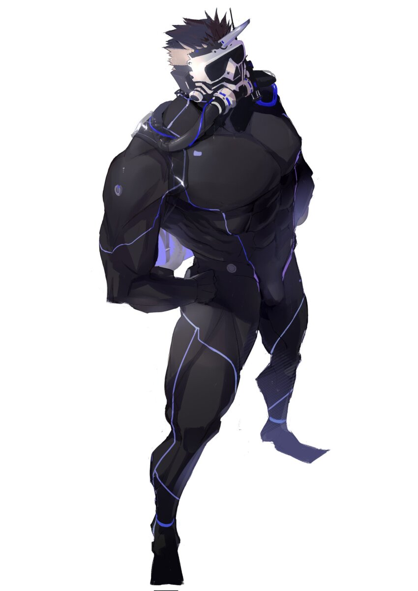 1boy, abs, bara, beard, black_bodysuit, blue_hair, bodysuit, bulge