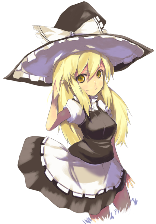 1girl, alternate_hairstyle, apron, arm_behind_back, black_hat, blonde_hair, blouse, bow