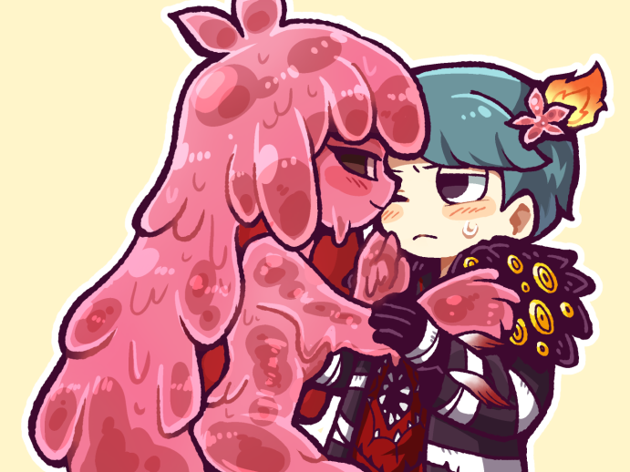 black_coat, black_eyes, black_sclera, closed_mouth, coat, colored_sclera, commentary_request, e.g.o_(project_moon), employee_(project_moon), frown, half-closed_eye, hatake_shimeji, lobotomy_corporation, long_sleeves, melting_love, monster_girl, nugget_(project_moon), one_eye_closed, open_clothes, open_coat, outline, project_moon, red_shirt, shirt, simple_background, slime_girl, smile, sweat, twilight_(e.g.o), white_eyes, white_outline, yellow_background