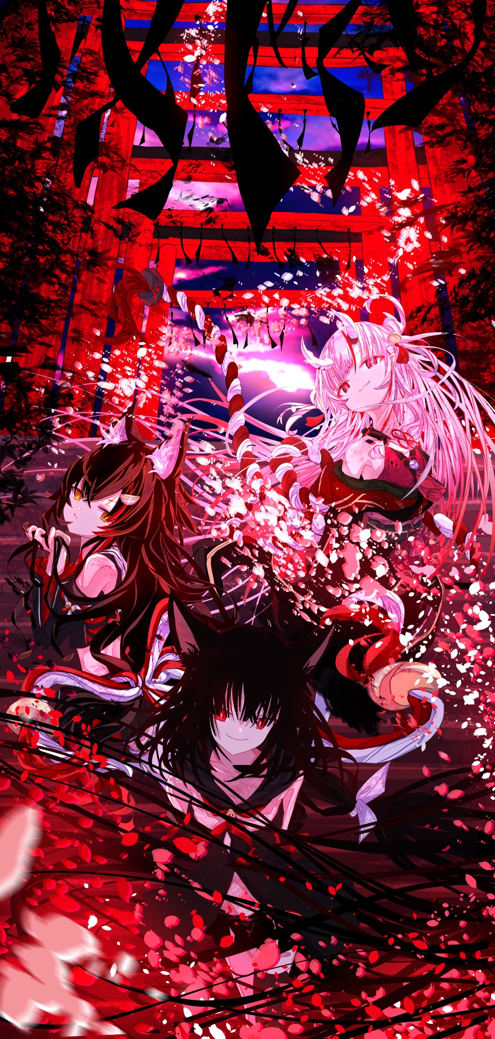 3girls, animal_ear_fluff, animal_ears, bell, black_hair, black_hoodie, black_shirt, braid