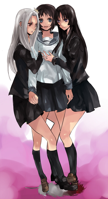 00s, 3girls, ga-rei, ga-rei_zero, girl_sandwich, hug, isayama_mei, isayama_yomi, legs, mochako, mochako_(motyako), multiple_girls, sandwiched, school_uniform, tsuchimiya_kagura, yuri