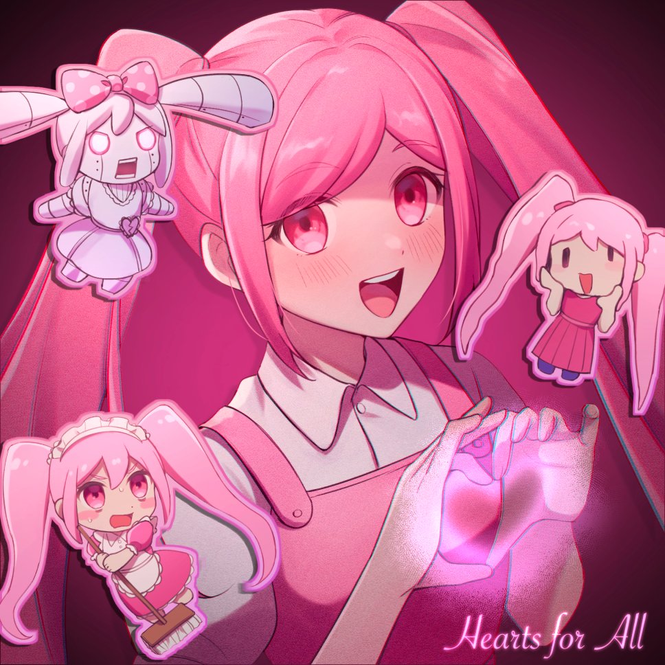 4girls, blush, bow, collared_shirt, hair_ornament, heart, heart_hair_ornament, humanoid_robot