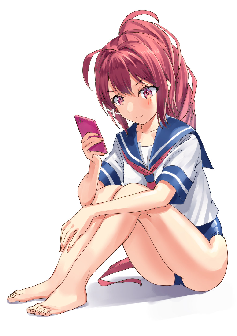 1girl, barefoot, blue_one-piece_swimsuit, cellphone, feet, full_body, hair_ribbon, highres
