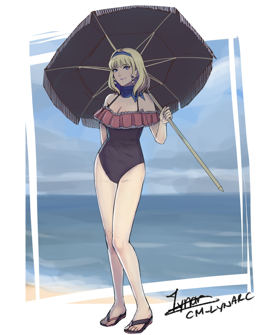 1girl, alternate_costume, artist_name, bare_legs, bare_shoulders, beach, black_one-piece_swimsuit, blonde_hair