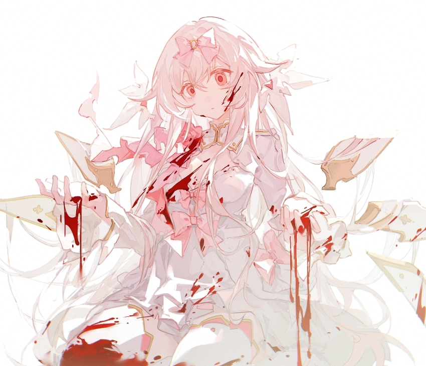 1girl, arcaea, blood, blood_in_hair, blood_on_clothes, blood_on_face, blood_on_hands, bow