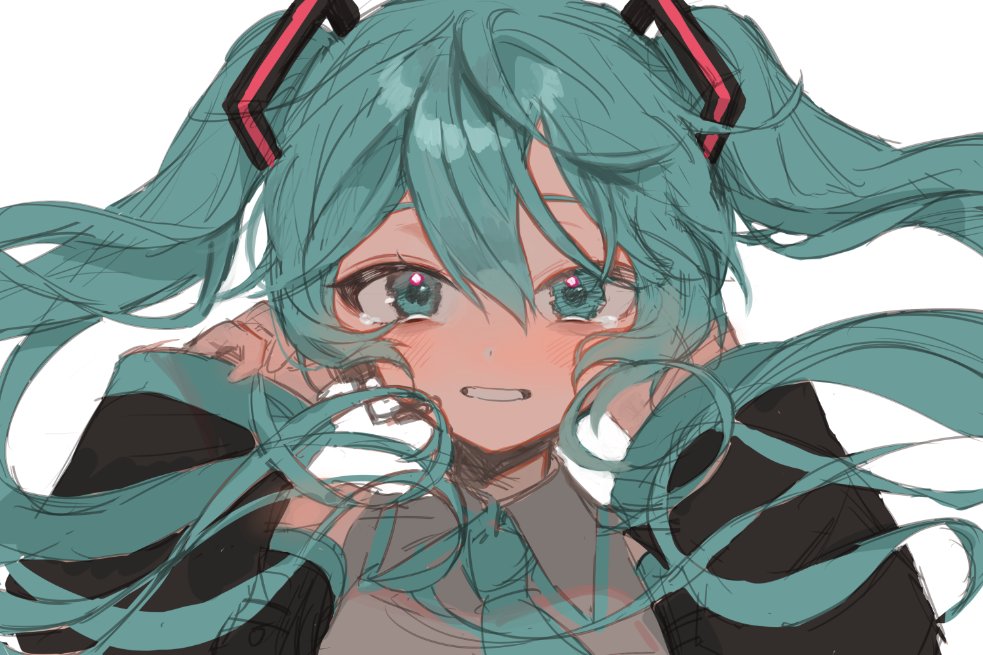 1girl, aqua_eyes, aqua_hair, aqua_necktie, black_sleeves, blue_necktie, blush, detached_sleeves