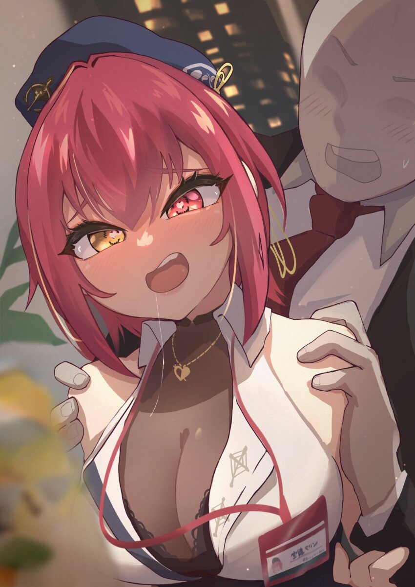 1boy, 1girl, bare_shoulders, beret, black_bra, blue_headwear, blurry, blurry_background