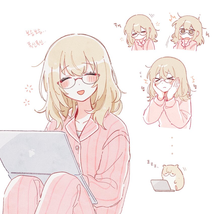 1girl, animalization, azusawa_kohane, blush, brown_hair, closed_eyes, commentary_request, computer