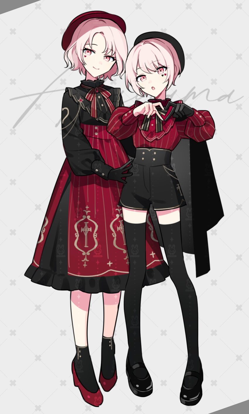 1girl, 1other, aiguillette, akiyama_mizuki, akiyama_yuuki, androgynous, beret, black_bow