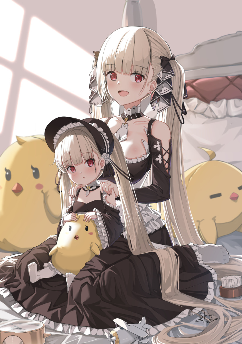 2girls, absurdly_long_hair, aged_down, analog_clock, artist_name, azur_lane, bed, black_dress