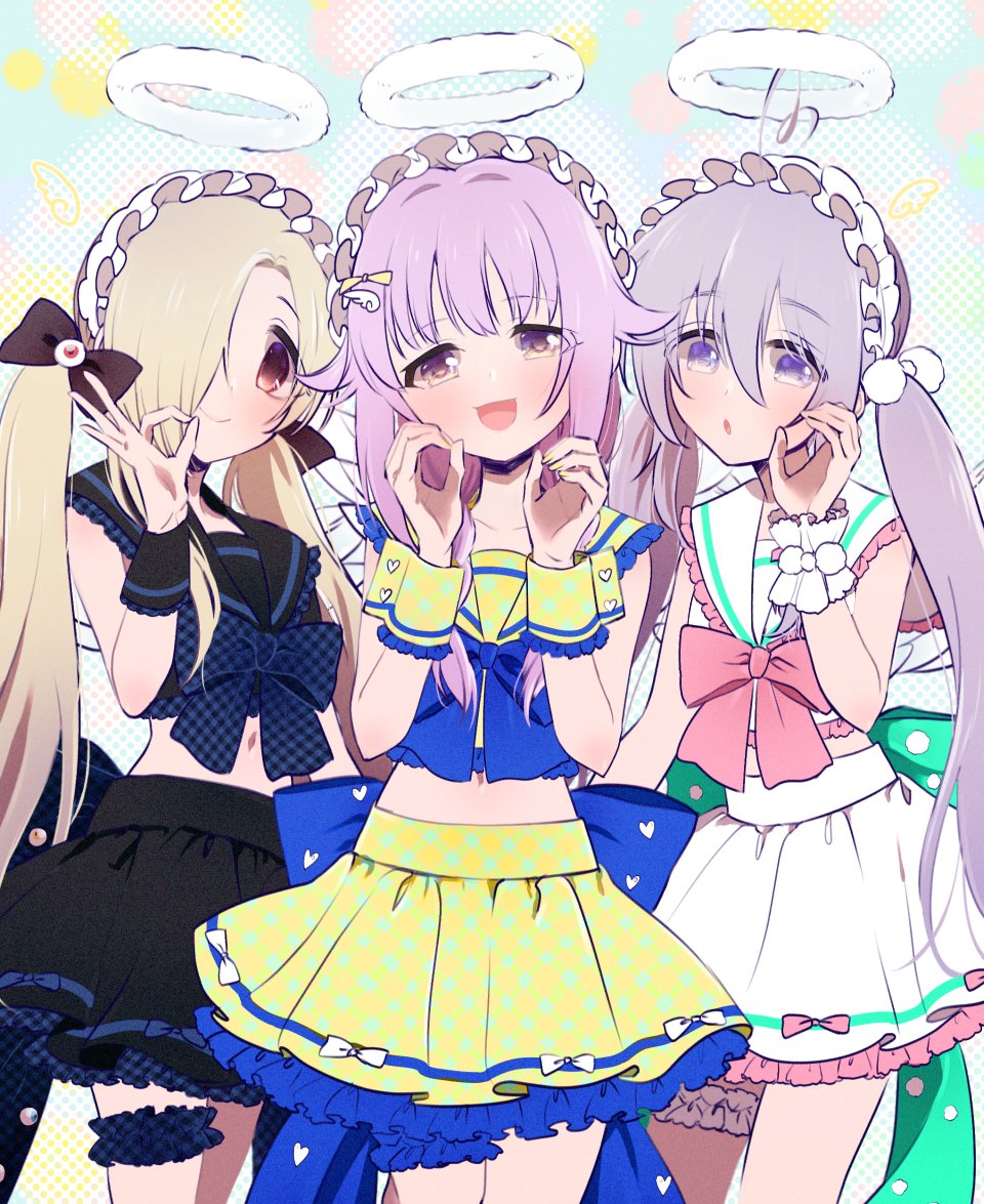 3girls, blush, collarbone, cropped_shirt, fake_halo, frilled_hairband, frilled_sailor_collar, frills