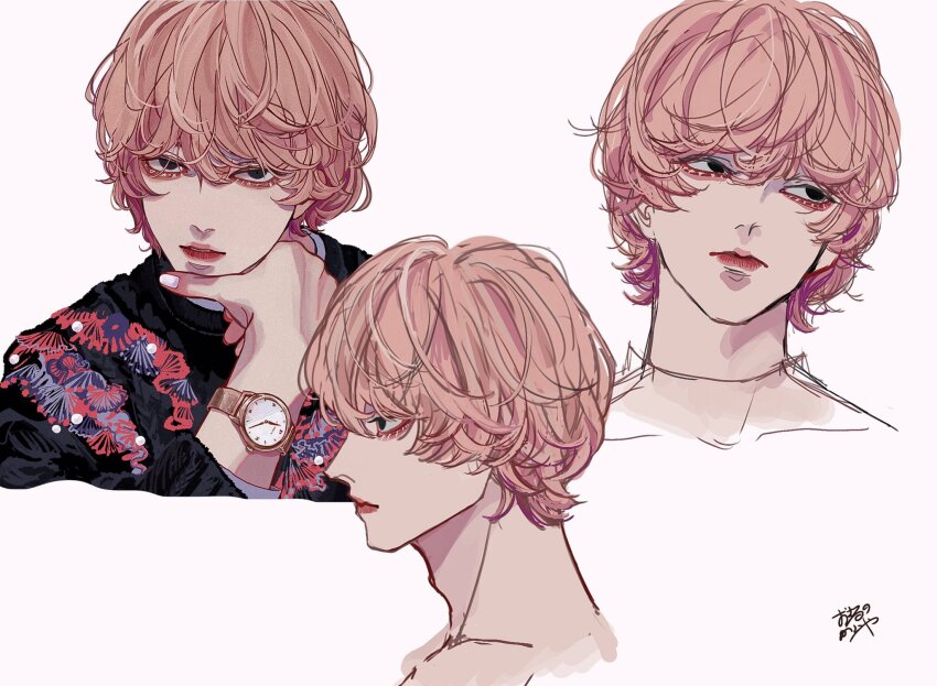 1boy, bishounen, black_eyes, black_sweater, fingernails, from_side, hair_between_eyes, hand_on_own_chin