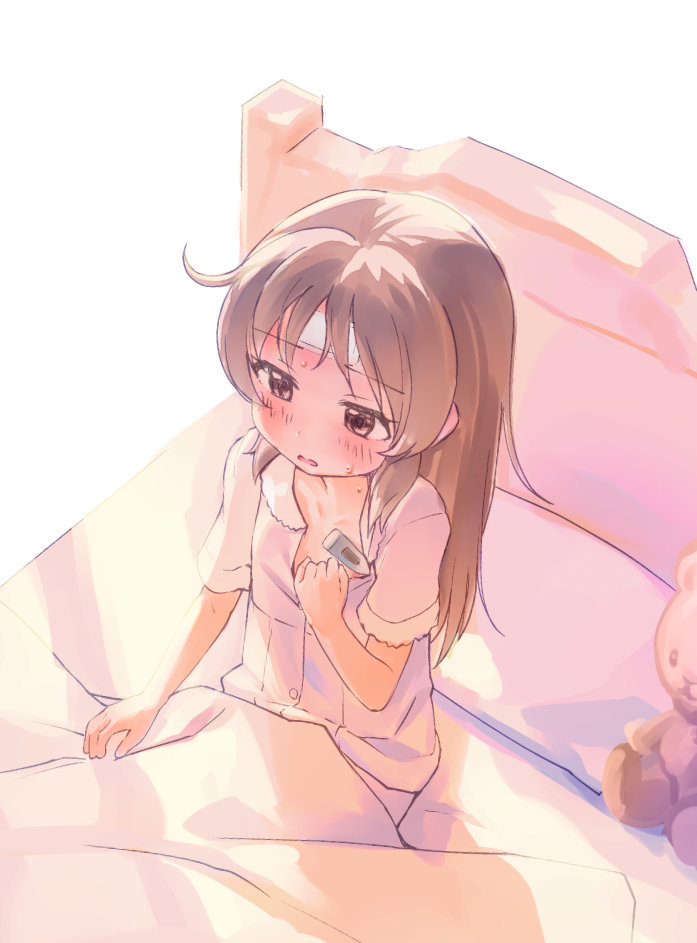 1girl, bed, blanket, blush, brown_eyes, brown_hair, cold_pack, fever
