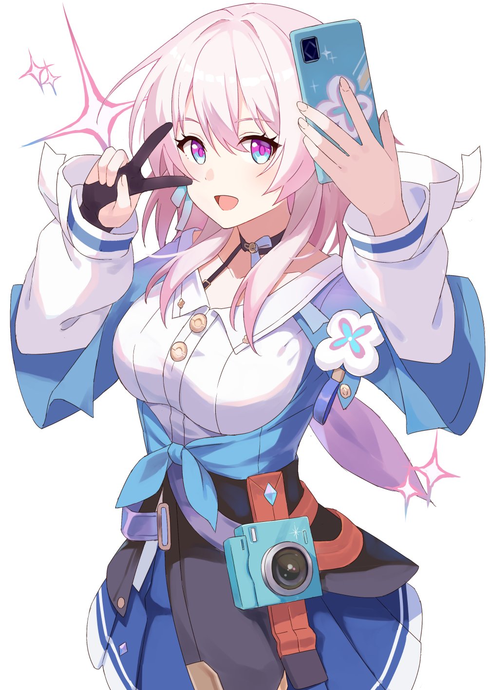 .com_(bot_com1), archery_shooting_glove, black_choker, black_corset, blue_eyes, blue_jacket, breasts, camera