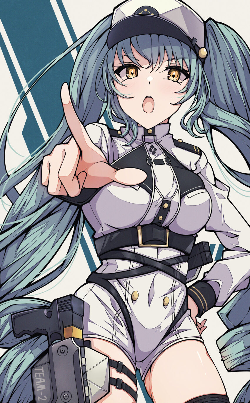 1girl, absurdres, black_boots, blue_hair, blush, boots, breasts, chest_harness