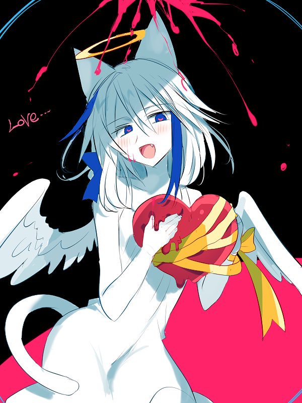 1girl, animal_ears, black_background, blood, blood_on_face, blue_background, blue_eyes, blue_hair, cat_ears, cat_girl, cat_tail, colored_skin, crazy_smile, dress, elwine_(funamusea), fang, funamusea, heart, heart-shaped_pupils, multicolored_background, multicolored_hair, red_background, smile, solo, spaghetti_strap, symbol-shaped_pupils, tail, white_dress, white_hair, white_skin, zenryoku_eimin