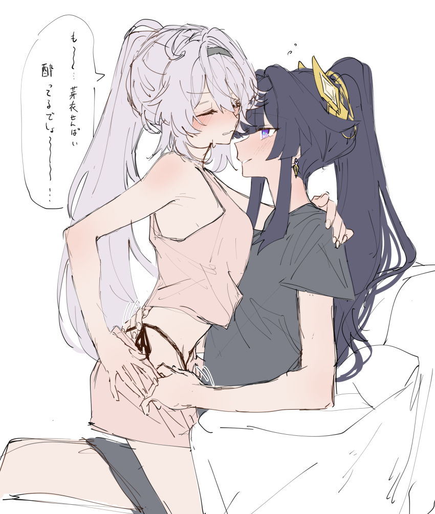 2girls, absurdres, arm_around_another's_waist, arm_around_shoulder, armchair, armpits, assisted_exposure, black_panties, black_shirt, blunt_bangs, blush, chair, closed_eyes, couple, cowboy_shot, crop_top, earrings, from_side, gold_earrings, hair_ornament, hairband, hand_on_another's_shoulder, hand_on_another's_waist, hand_on_own_hip, hand_under_clothes, hand_under_shorts, high_ponytail, highres, hime_cut, honkai_(series), honkai_impact_3rd, jewelry, kiana_kaslana, long_hair, looking_at_another, moonsun77773, motion_lines, multiple_girls, panties, parted_lips, pink_shorts, ponytail, purple_eyes, purple_hair, raiden_mei, shirt, shorts, side-tie_panties, sidelocks, simple_background, sitting, sketch, smile, speech_bubble, straddling, t-shirt, translation_request, underwear, undressing_another, upright_straddle, white_background, white_hair, yuri