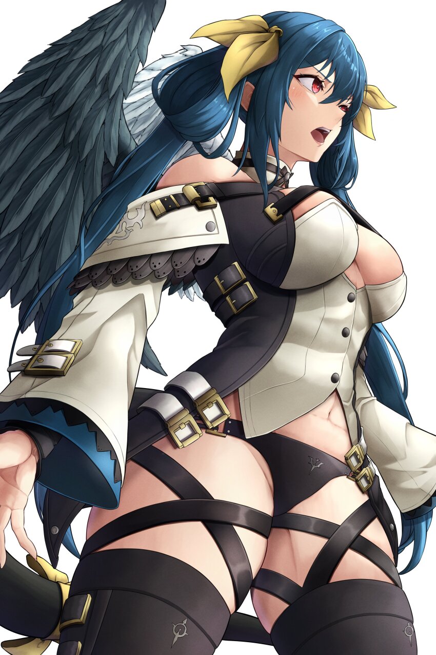 1girl, absurdres, angel_wings, asymmetrical_wings, bare_shoulders, belt, black_panties, black_thighhighs