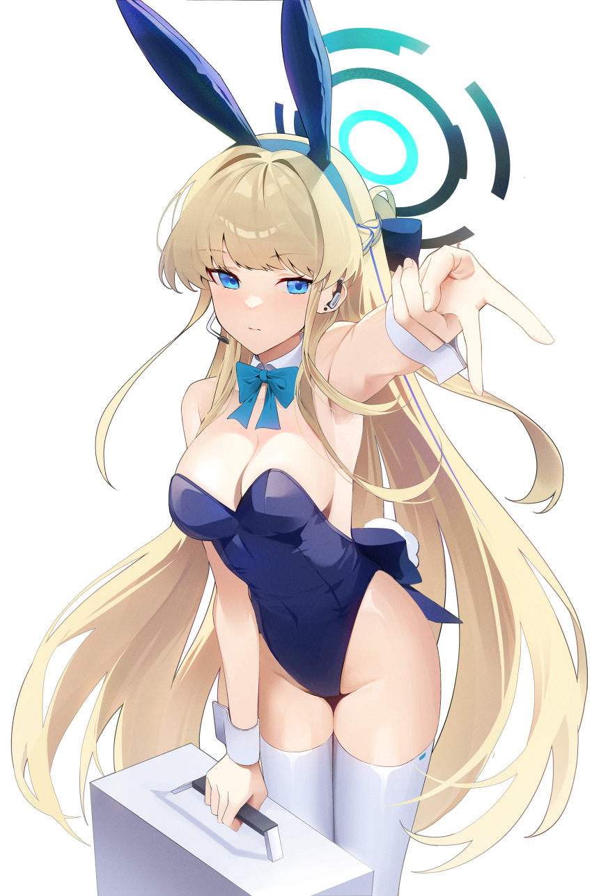 1girl, absurdres, animal_ears, aqua_bow, aqua_bowtie, bare_shoulders, blonde_hair, blue_archive