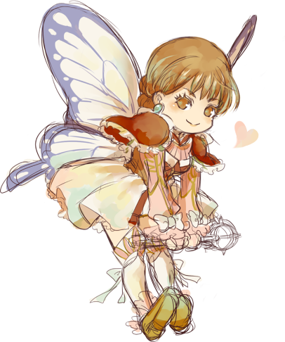 1girl, baten_kaitos, breasts, brown_eyes, brown_hair, butterfly_wings, dress, earrings, fairy, female_focus, heart, insect_wings, jewelry, lowres, matching_hair/eyes, milly, short_hair, simple_background, solo, white_background, wings