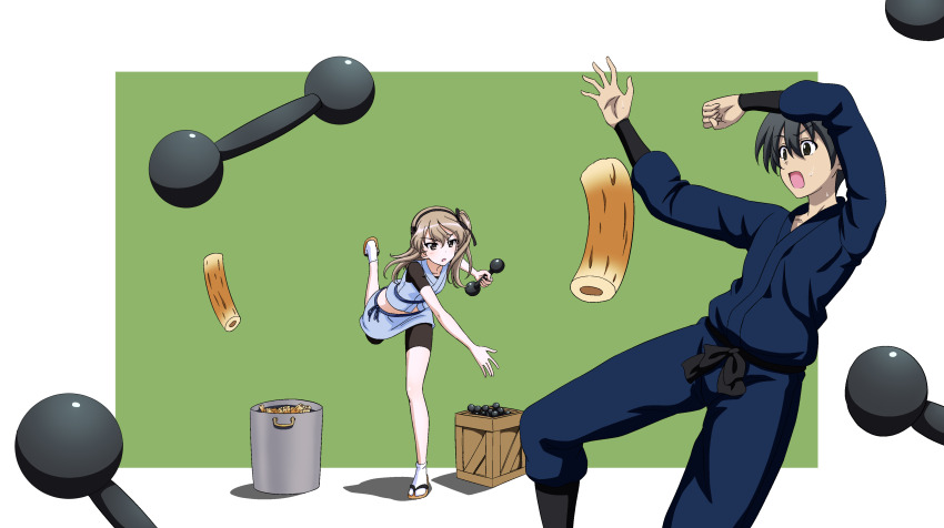 absurdres, chikuwa, dougi, dumbbell, food, girls_und_panzer, girls_und_panzer_gekijouban, girls_und_panzer_saishuushou