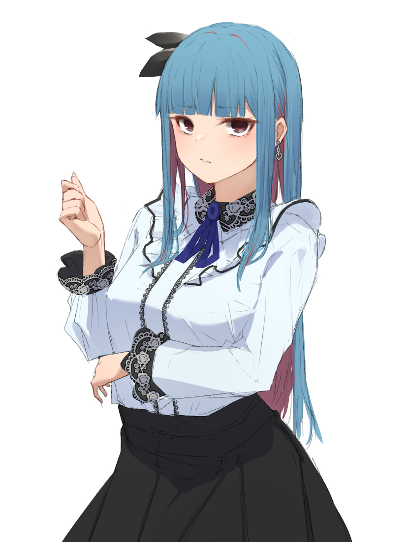 1girl, :/, alternate_costume, alternate_hair_color, arm_under_breasts, black_skirt, blue_hair, blue_ribbon