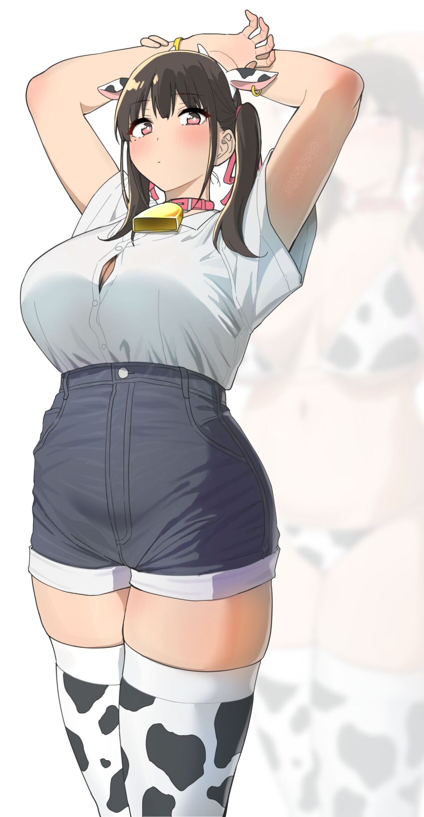 1girl, absurdres, amano_don, animal_ears, animal_print, arms_up, bare_arms, bell