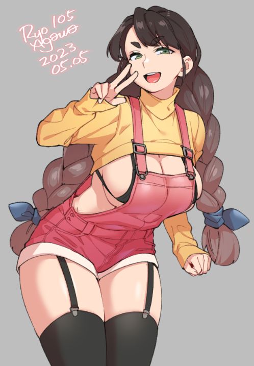 1girl, agawa_ryou, bra, braid, breasts, cleavage, commentary, cowboy_shot, dated, english_commentary, garter_straps, gradient_hair, large_breasts, long_hair, long_sleeves, looking_at_viewer, multicolored_hair, original, overalls, pink_hair, red_hair, shrug_(clothing), sideboob, signature, simple_background, skindentation, sleeves_past_wrists, smile, solo, thighhighs, twin_braids, twintails, underwear, v, yellow_shrug