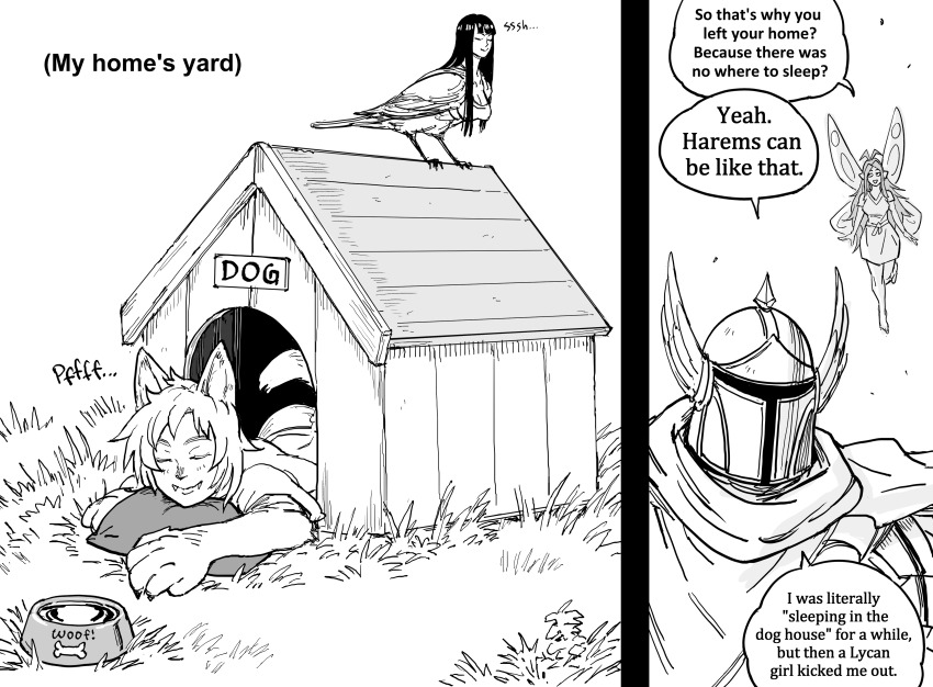 1boy, 3girls, absurdres, animal_ears, animal_hands, armor, bb_(baalbuddy), claws, closed_eyes, closed_mouth, comic, day, dog_ears, dog_girl, english_text, fairy, fairy_wings, fangs, fangs_out, full_armor, greyscale, harpy, helm, helmet, highres, human_head, monochrome, monster_girl, multiple_girls, original, outdoors, paladin_(baalbuddy), shirt, short_sleeves, size_difference, sleeping, smile, traditional_harpy, wings