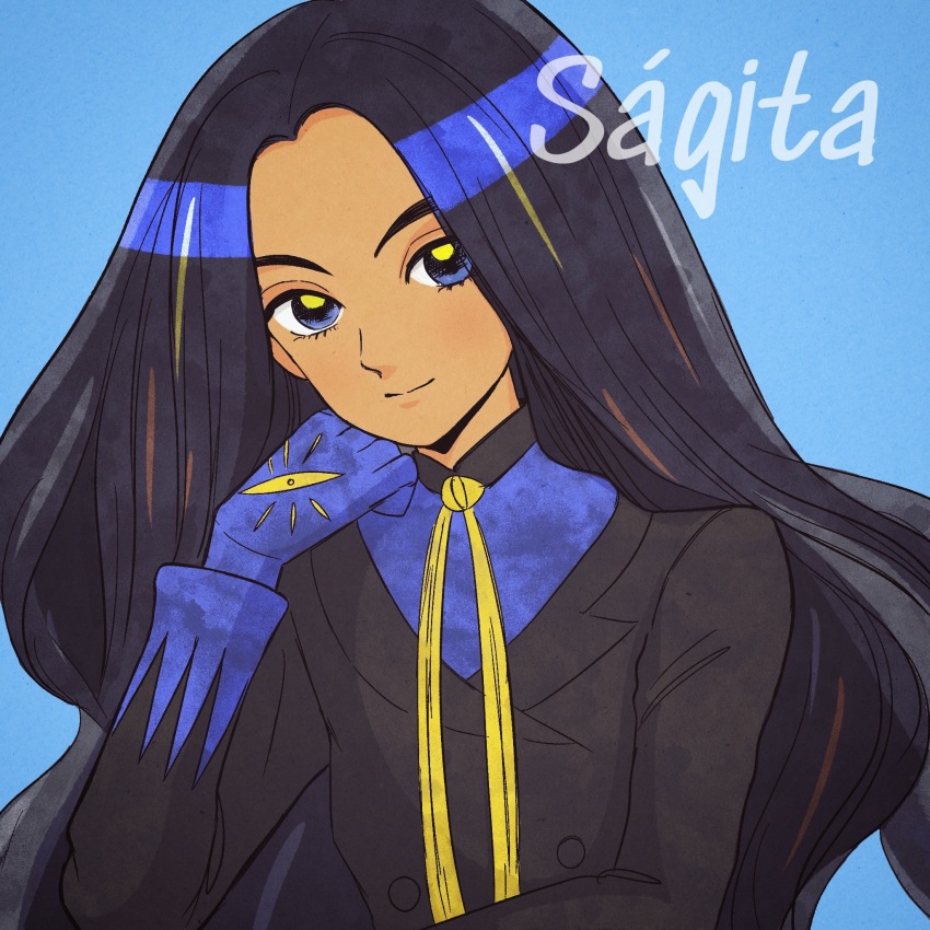 1girl, black_hair, black_jacket, blue_background, blue_eyes, blue_gloves, blue_shirt, buttons, closed_mouth, commentary_request, dark-skinned_female, dark_skin, eyelashes, geeta_(pokemon), gloves, hand_up, highres, hyangjjan, jacket, long_hair, long_sleeves, neck_ribbon, nintendo, pokemon, pokemon_scarlet_and_violet, ribbon, shirt, smile, solo, upper_body, yellow_ribbon