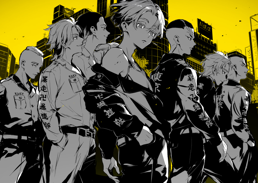 6+boys, absurdres, belt, bmw_(man24), braid, closed_mouth, earrings, greyscale_with_colored_background