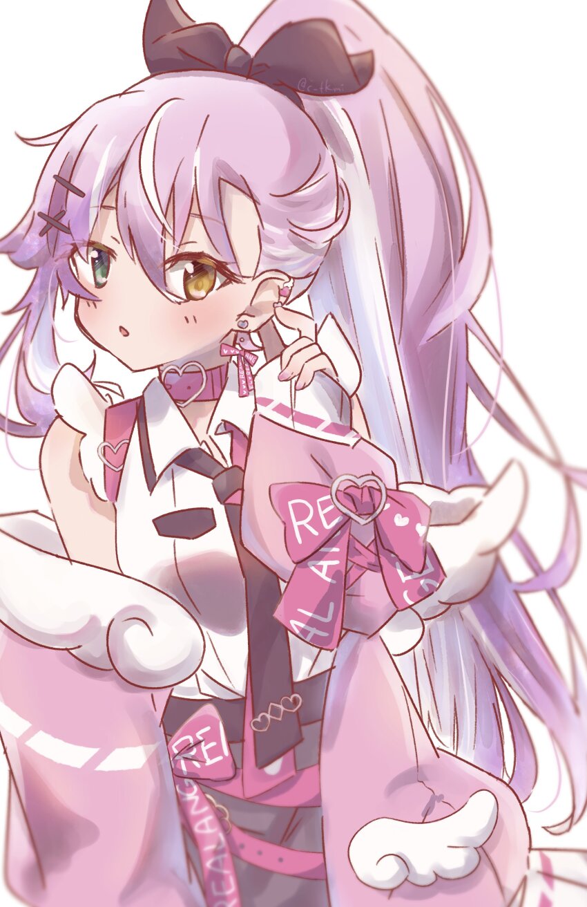 1girl, absurdres, animal_collar, black_bow, black_necktie, black_skirt, blurry, blush