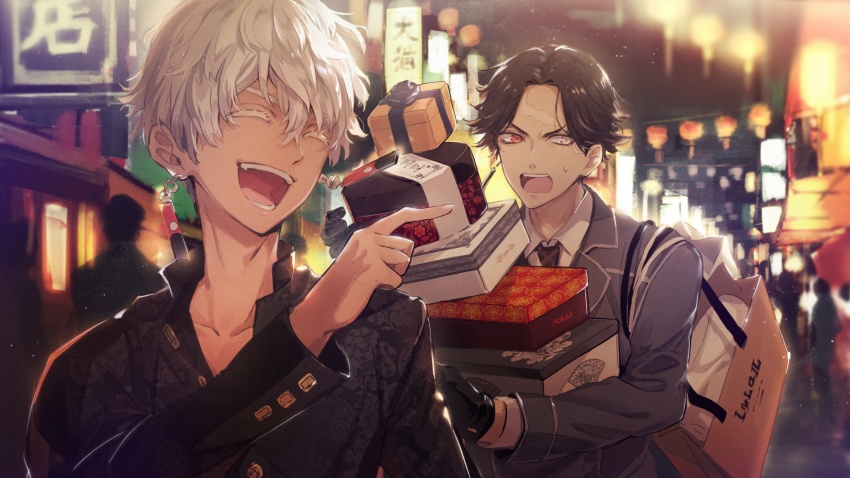 2boys, :d, ^_^, black_gloves, black_hair, black_jacket, black_necktie, bmw_(man24)