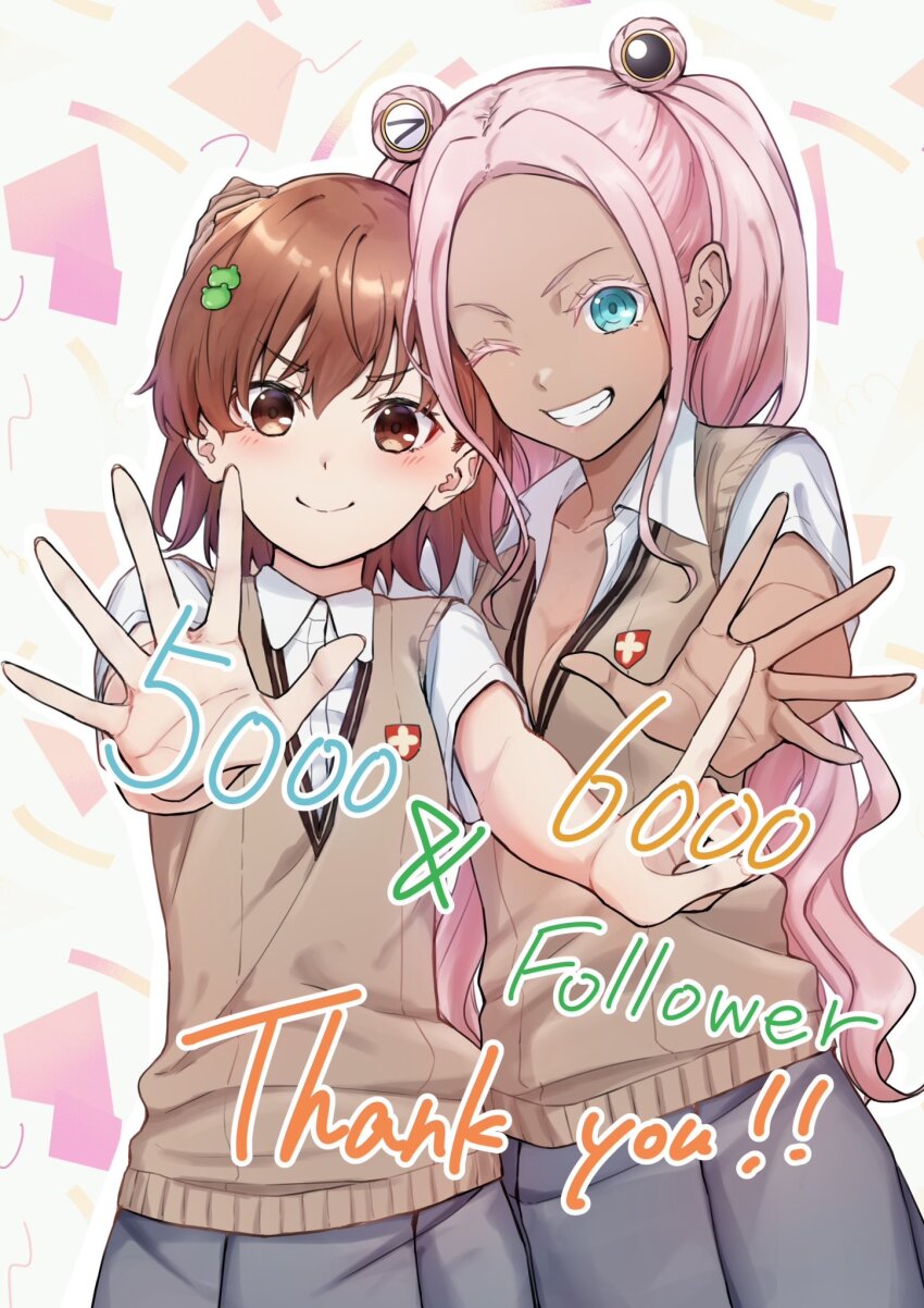 2girls, aic_oekaki, animal_hair_ornament, blue_eyes, blush, breasts, brown_eyes, brown_hair