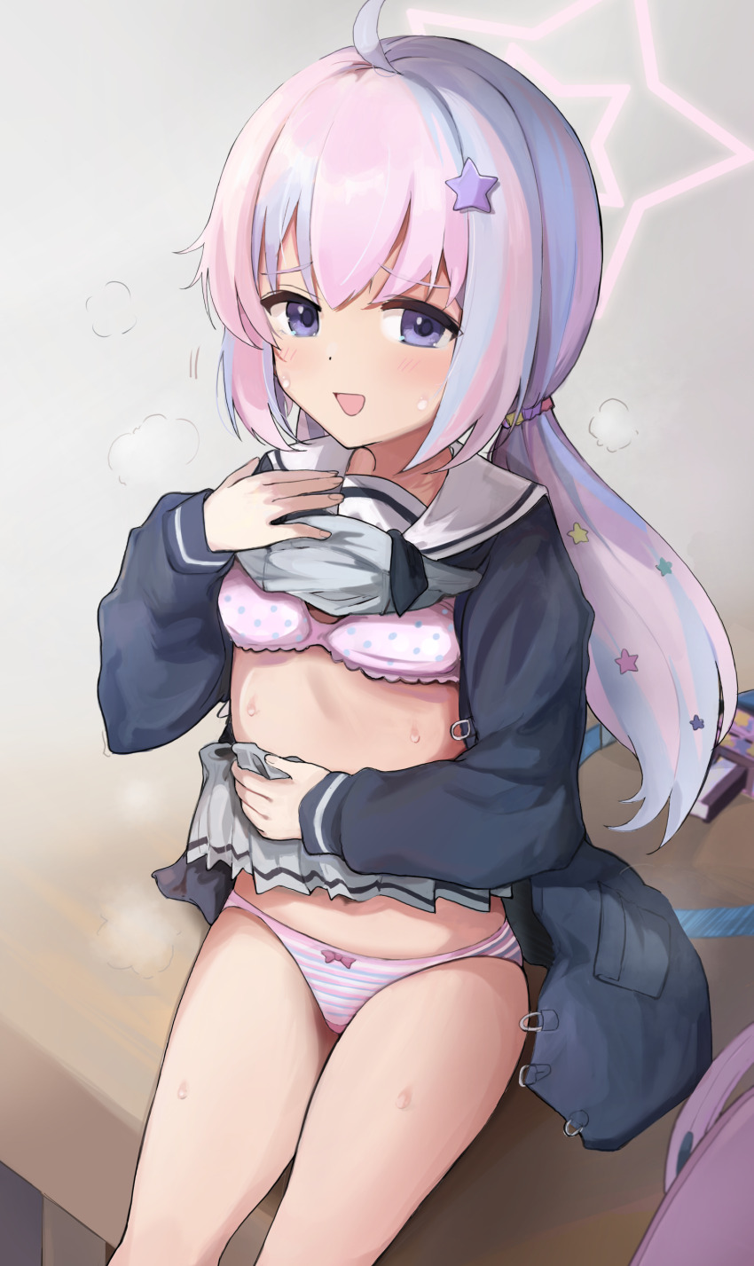 1girl, :d, absurdres, ahoge, black_neckerchief, blue_archive, blue_bra, blue_hair