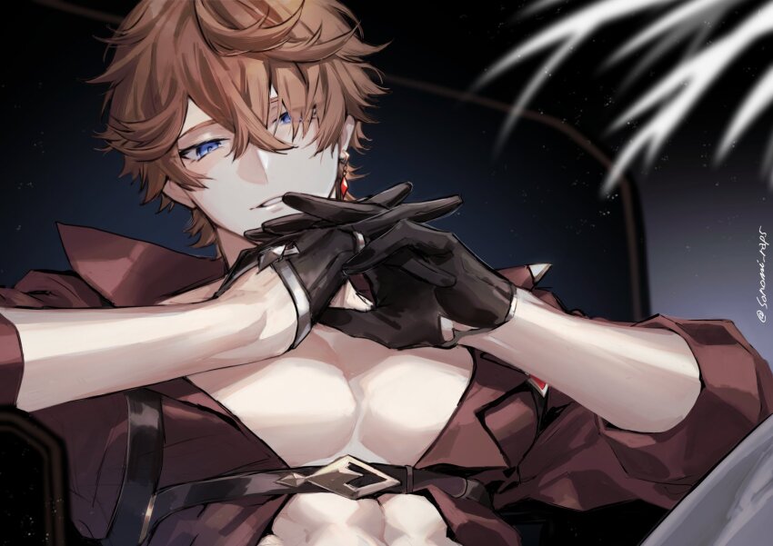 1boy, abs, black_gloves, blue_eyes, earrings, genshin_impact, gloves, hair_between_eyes