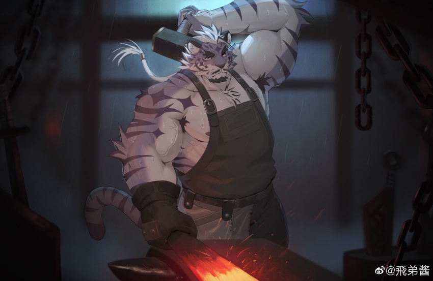 1boy, absurdres, alternate_facial_hair, alternate_hair_color, animal_ears, anvil, armpit_hair, armpit_hair_peek