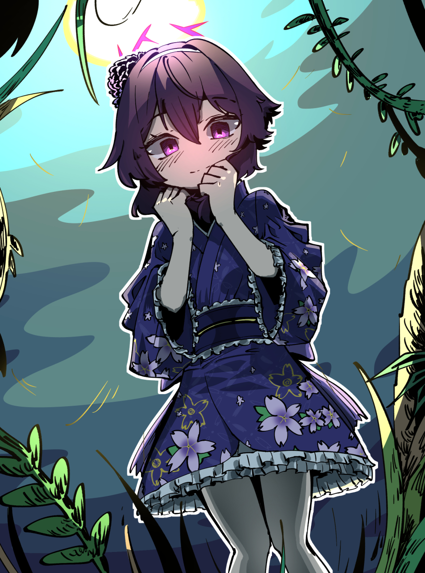 1girl, absurdres, blue_archive, blush, closed_mouth, floral_print, frilled_kimono, frills