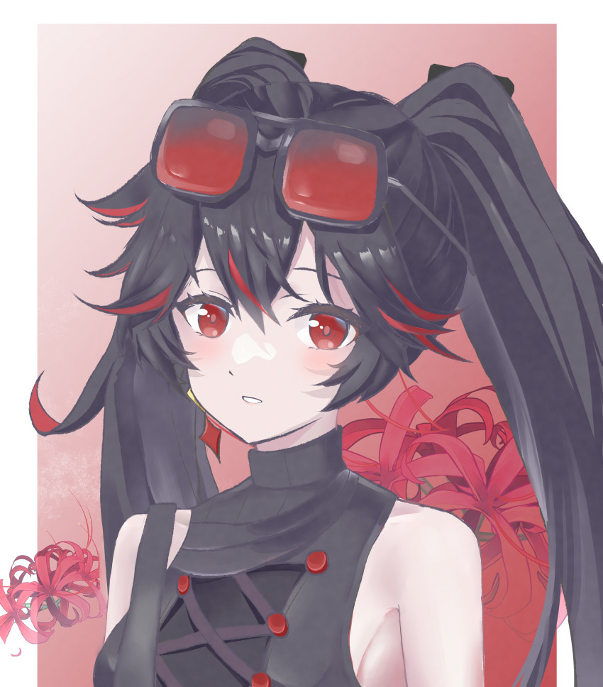 1girl, absurdres, bare_shoulders, black_hair, eyewear_on_head, hair_between_eyes, highres, long_hair