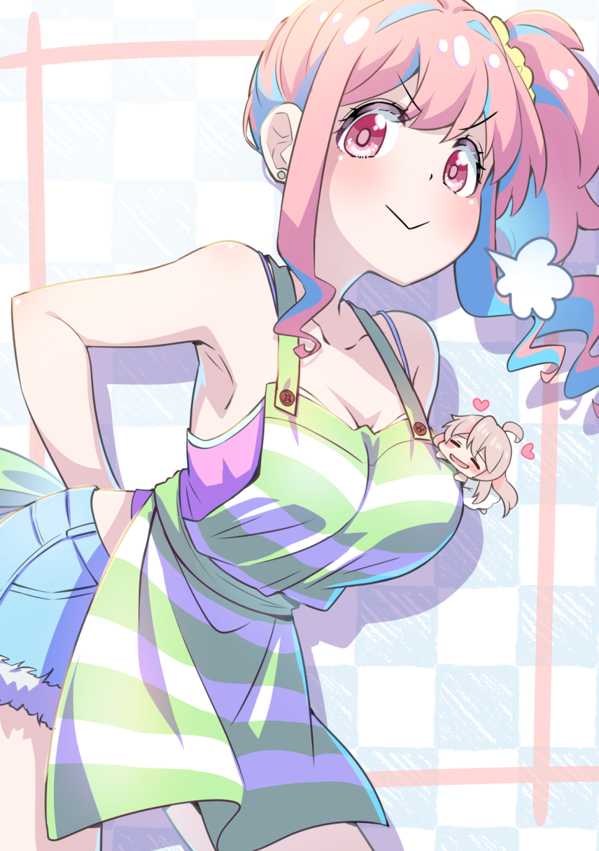 2girls, ahoge, apron, aqua_hair, bare_shoulders, blush, breasts, cleavage